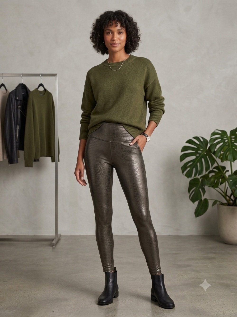 SPANX Olive Metallic Leggings with Black Inner Lining. EUC